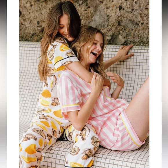 KATIE KIME Retro Stripe Woven Shorty Pajama Set - Color Pink/White - Size L - Picture 4 of 7